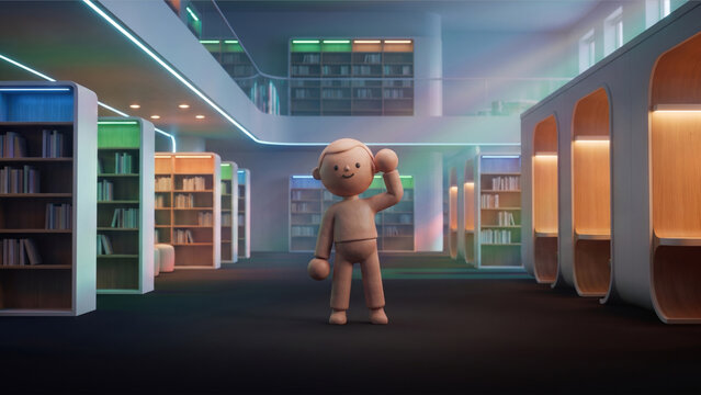 スマート図書館で手を頭に添えて前傾するクレイ風人型キャラクターの3D画像