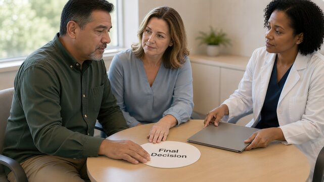 Family and doctor gathered around a table with a "Final Decision" card and closed laptop - reaching consensus through shared decision-making