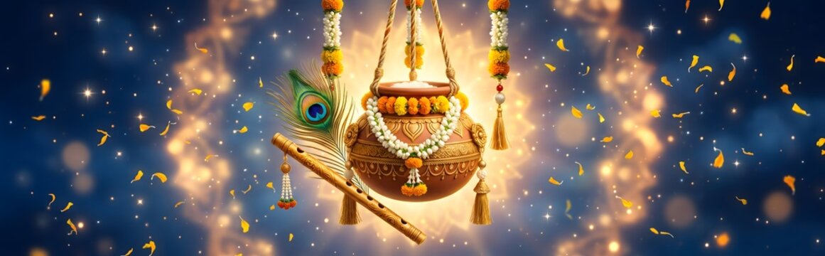 Janmashtami dahi handi festival celebration with flute with decorated flowers golden