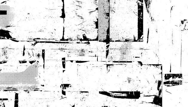 Distressed black and white grunge texture background showing abstract dirty patterns with halftone dot effects.