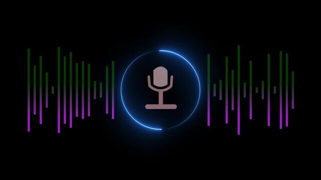 Glowing neon audio microphone icon animation. radio wave and voice recording podcast mic microphone button icon animated on black background 4k video.