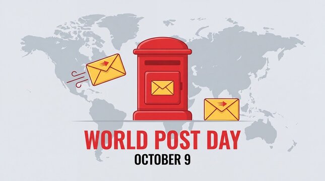 World Post Day banner for October 9, red vintage mailbox with flying envelopes, global postal service concept on world map background