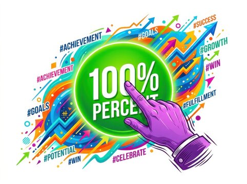 Human hand pointing at a green circle with one hundred percent text design