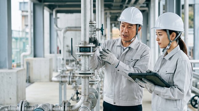 建設現場で配管バルブの点検指導を行う日本人男女の現場監督