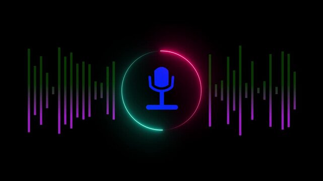 Glowing neon audio microphone icon animation. radio wave and voice recording podcast mic microphone button icon animated on black background 4k video.
