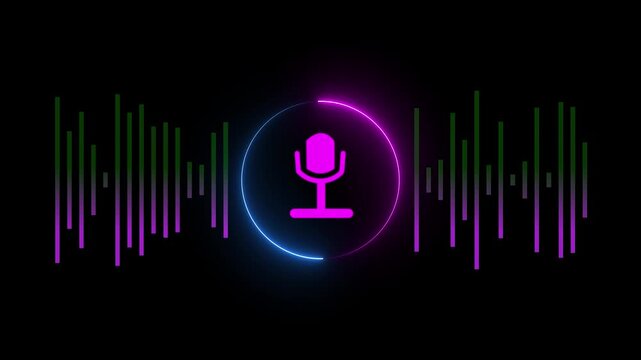 Glowing neon audio microphone icon animation. radio wave and voice recording podcast mic microphone button icon animated on black background 4k video.