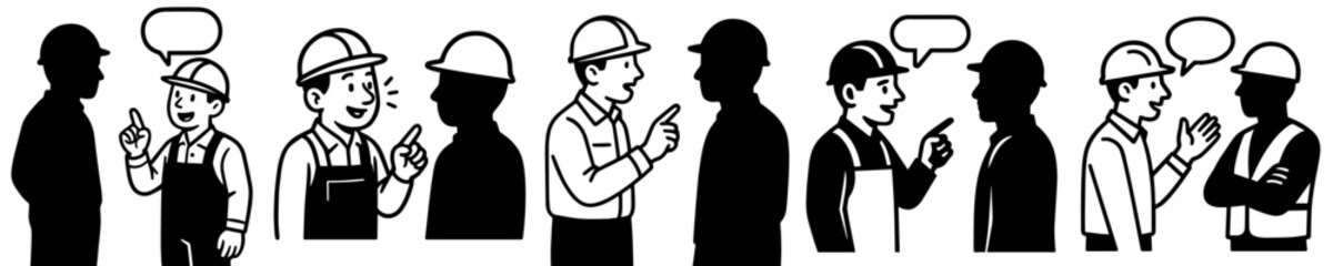 Fototapeta premium Vector illustration of construction workers communicating in black and white