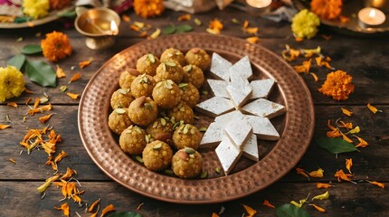 Fototapeta premium A copper plate filled with motichoor ladoo and kaju katli indian sweets, decorated with marigold flowers on a rustic wooden table for diwali festival