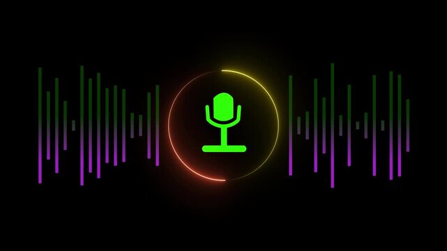 Glowing neon audio microphone icon animation. radio wave and voice recording podcast mic microphone button icon animated on black background 4k video.