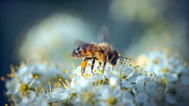 Bee Collecting Pollen From White Flowers in Nature Close up Macro Shot