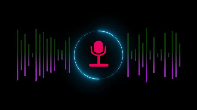 Glowing neon audio microphone icon animation. radio wave and voice recording podcast mic microphone button icon animated on black background 4k video.