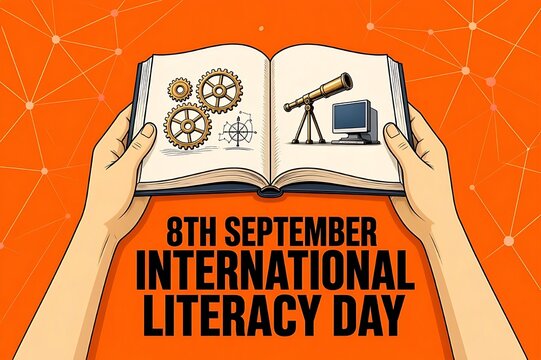 Hands holding open book with scientific drawings for 8th September International Literacy Day concept
