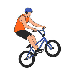 Fototapeta premium A young cyclist performing an impressive wheelie trick on a freestyle stunt bike isolated on a clean white background