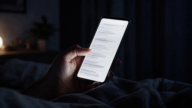 Nighttime, panic, cardiac. Close-up of a hand holding a smartphone illuminating the hand in a dark bedroom. Health anxiety and symptom uncertainty concept,