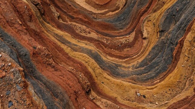 Abstract background of colorful layered soil and sedimentary rock formations.