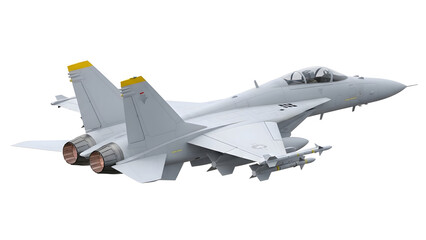 Fototapeta premium Modern gray twin engine military fighter jet aircraft in flight against a clean white background for aviation defense and tactical air superiority concepts
