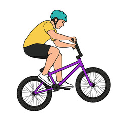 Fototapeta premium Young male cyclist riding a purple BMX bicycle performing stunts wearing safety helmet and yellow shirt on white background