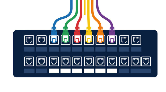 Network switch with colorful ethernet cables plugged into ports for high speed connectivity