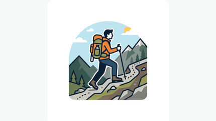 Fototapeta premium Minimalist vector illustration of a man hiking up a mountain trail with a backpack