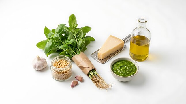 Fresh basil leaves with pine nuts olive oil and pesto sauce for cooking italian food. basil pesto kit