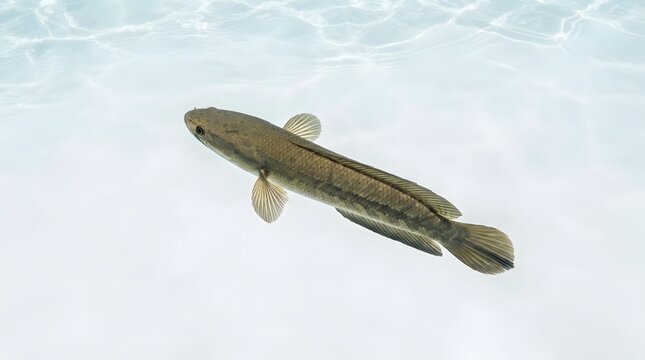An overhead view of a single snakehead fish swimming in clear, shallow water with subtle light reflections on the surface