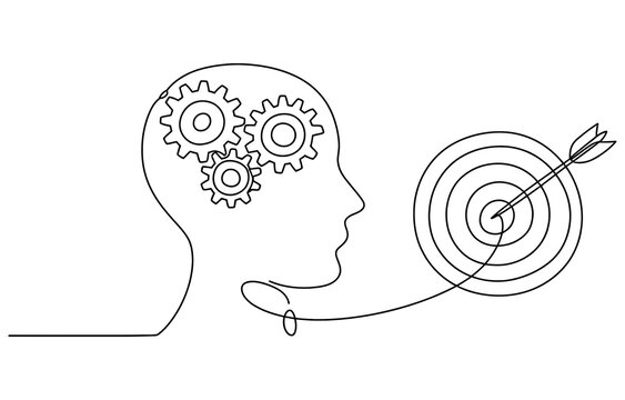 Continuous single line drawing of human head with gears and arrow hitting target Vector, illustration