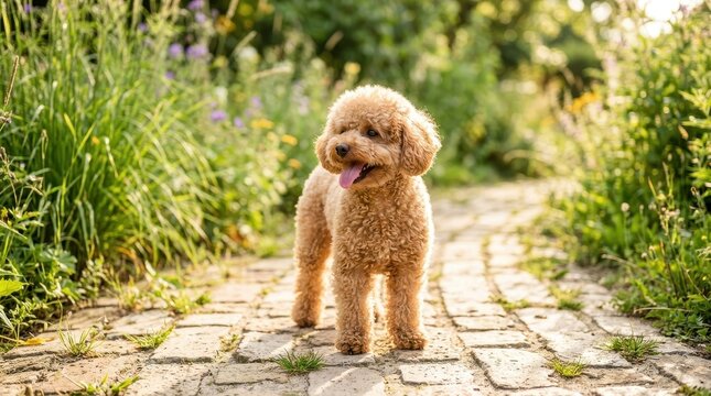 Adorable Brown Toy Poodle Standing on a Stone Path in a Sunlit Garden at Golden Hour