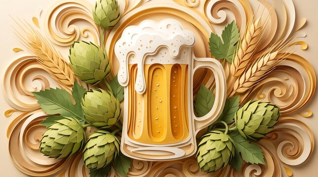 Craft beer mug with foam surrounded by hops and wheat