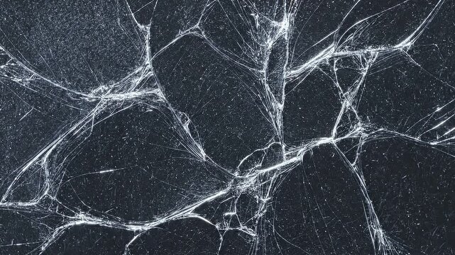 Dynamic shattered glass fragments exploding and moving through the air on a deep black background