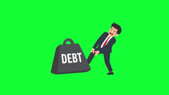 Businessman animated pulling heavy debt weight trapped burden in 4k green screen background
