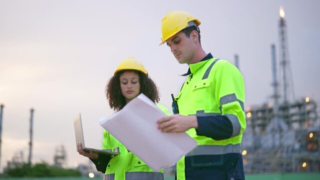 Caucasian male and Latina female engineer discuss project outdoors. 