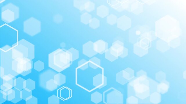 Abstract background translucent hexagon particles floating across a soft blue background, creating a clean geometric design for technology and digital concept