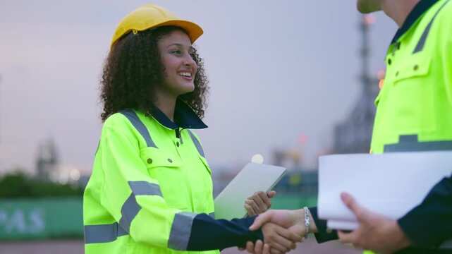 Caucasian male and Latina female engineers making handshake outdoors. 