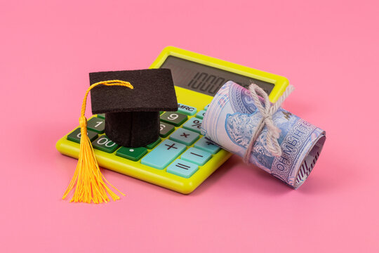 A conceptual image representing the cost of education, science funding, and financial literacy in Kazakhstan, featuring an academic cap and the Kazakh tenge currency.