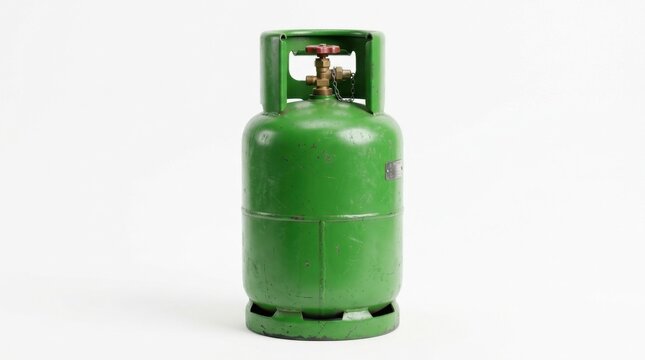 Green metal LPG gas tank with brass valve on white background