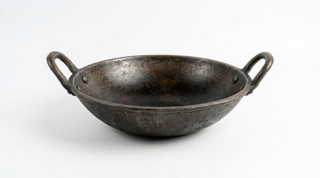 Traditional Indian cast iron karahi pan isolated on white background