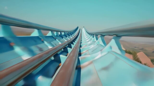 First-Person View of Roller Coaster Ascending Steep Track at Amusement Park during Daytime with Motion Blur and Vibrant Blue Rails