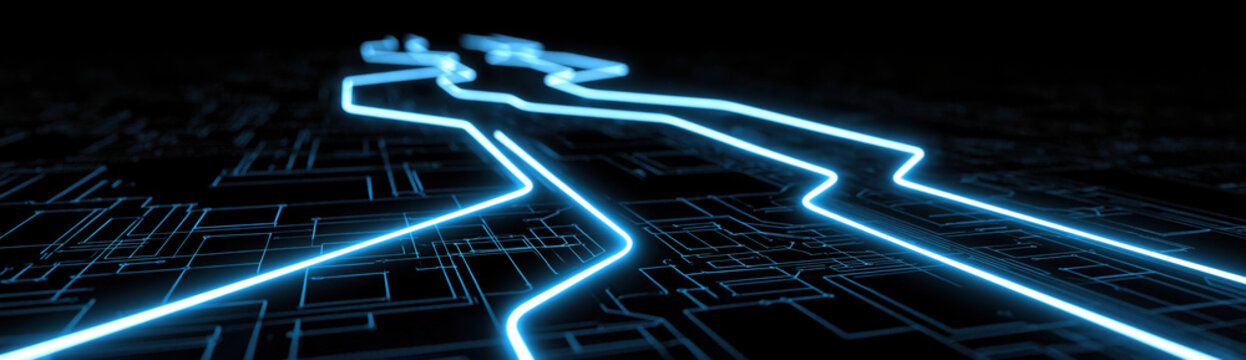 Blue glowing circuit network with branching light paths across dark digital surface, creating futuristic technology background with luminous energy and depth