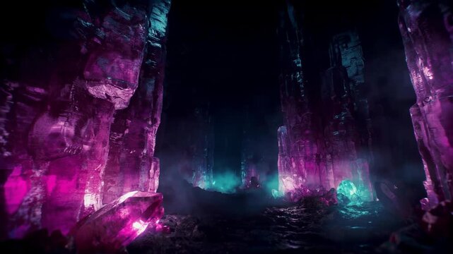 Glowing Crystal Cavern with Vibrant Purple and Teal Lighting Cinematic Fantasy Environment for Sci-Fi or Game Backgrounds