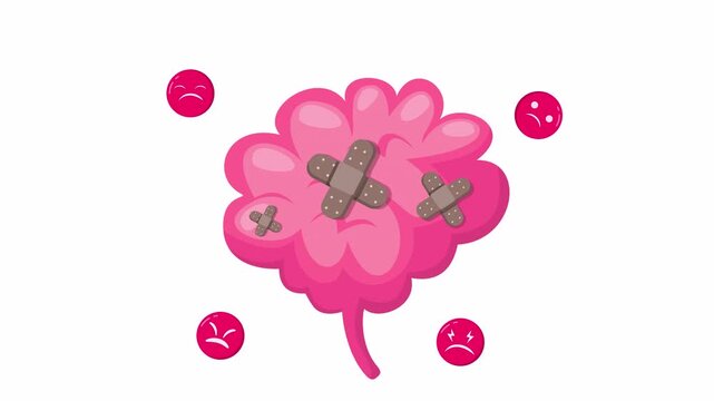 4k animation of pink brain with cross bandage and sad face icons on light background. Concept of mental health, healing, recovery, psychology, emotional care, trauma and self wellness.