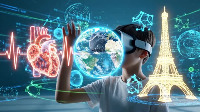 Virtual reality traveler exploring global cities with holograms and data
