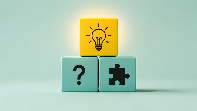 Business innovation and problem solving concept with a glowing lightbulb idea resting on question and puzzle blocks