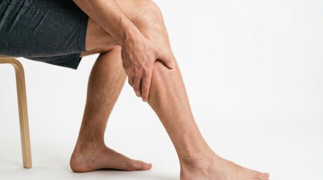 Man holding calf muscle in pain while sitting on stool