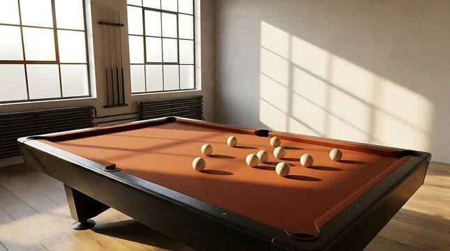 Professional 10 ball billiard table with cream balls and long shadows from large windows in a minimalist industrial gaming room interior.