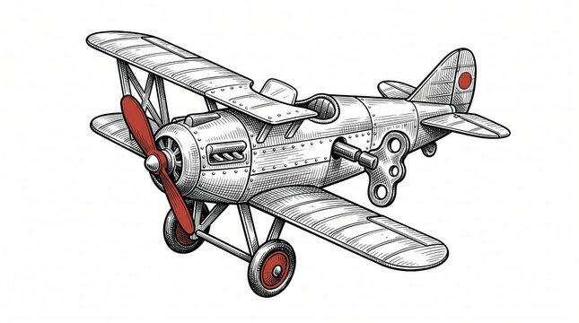 Vintage wind-up toy biplane drawing with red propeller and wheels, precise linework, monochrome.