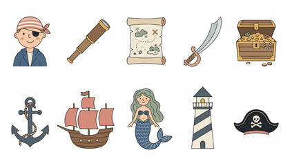 Flat style pirate icon set featuring cartoon boy pirate telescope treasure map sword open chest anchor ship mermaid lighthouse and skull hat isolated on white.