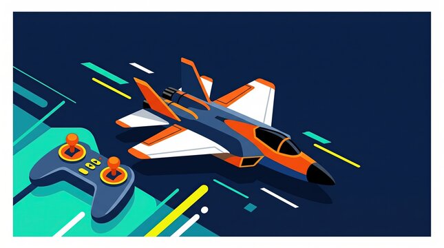 Sleek modern remote-controlled toy jet plane with controller, vibrant geometric illustration, dark blue background, copy space