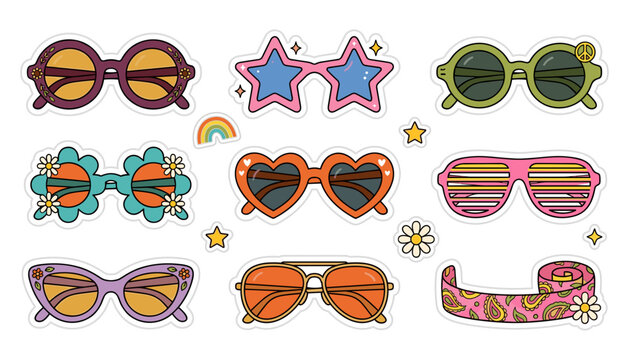 Cute groovy retro sunglasses sticker set with vintage flower star heart aviator glasses shutter shades and paisley headband vector illustrations isolated on white.