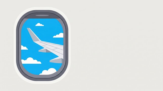 Airplane window view with wing, blue sky, and clouds - minimalist corporate illustration with copy space