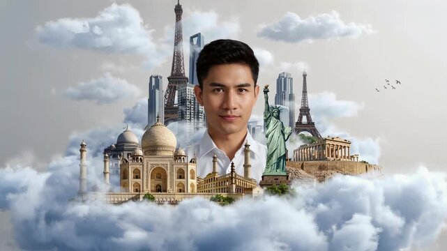 Man Holding Cloud with Global Landmarks Smiling Travel Concept Cinematic